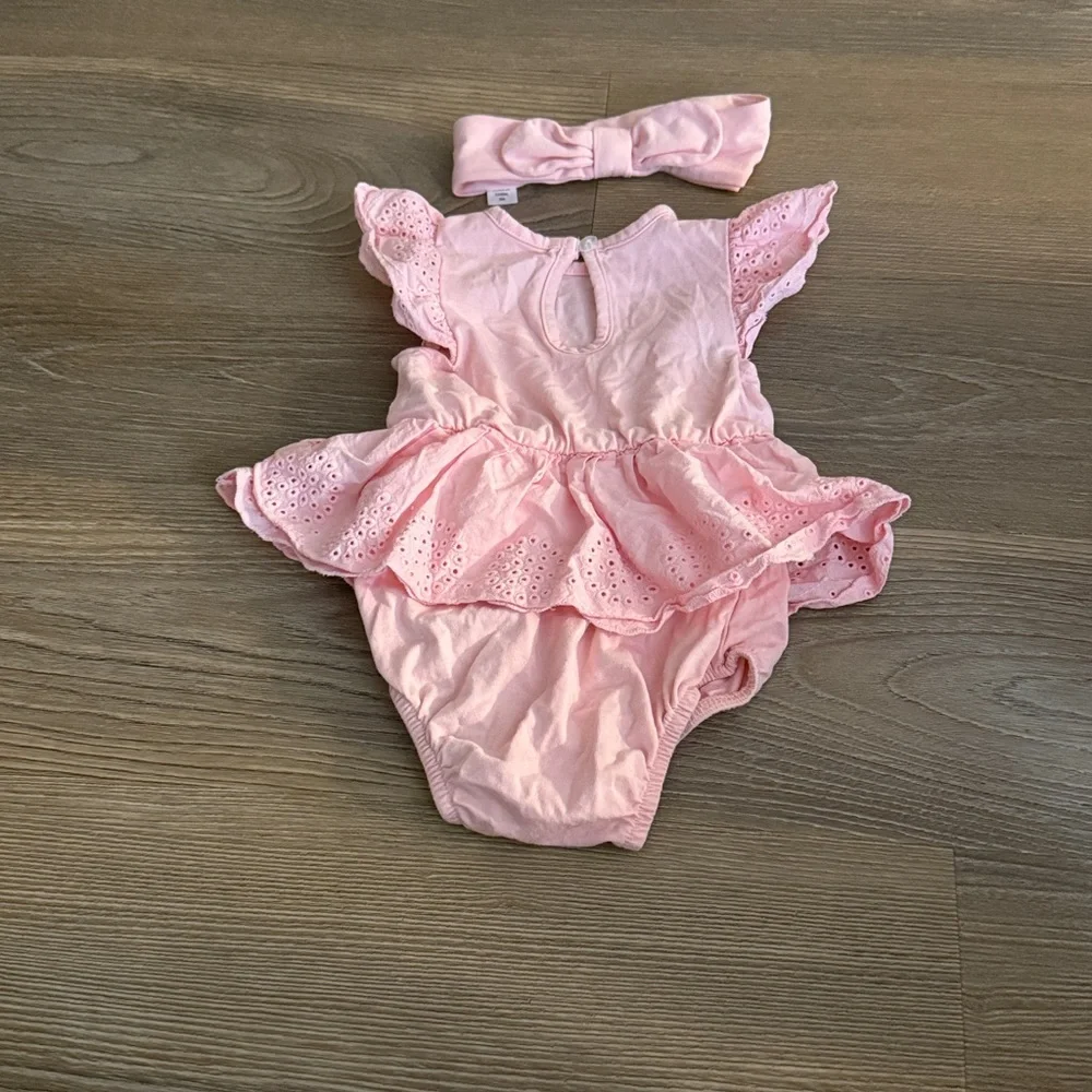 Like new little me baby girl pink ruffle dress with matching headband